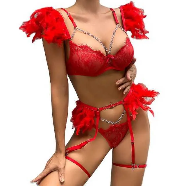 Yüksek kaliteli yeni sezon Özel Tasarım Kadın Seksi Zinciri Ayrıntılı Tule Kırmızı Sütyen Panties Bikini Seti 2358 OEM