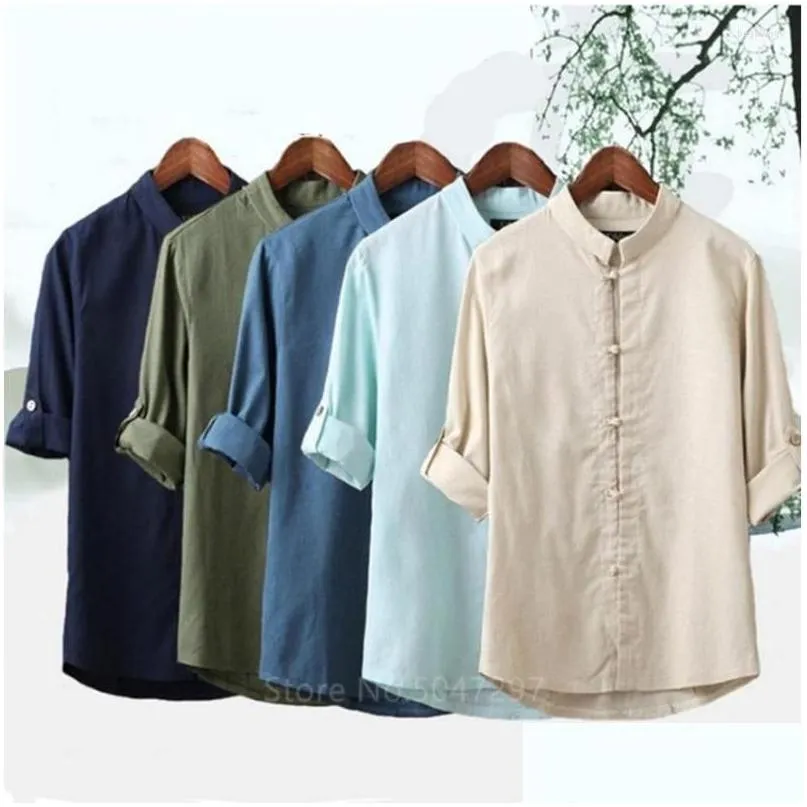 Vêtements ethniques 5XL Hommes Chemise Casual Lâche Solide Couleur Style chinois Top Outfit Plus Taille 2023 Automne Mâle Vintage Demi Manches Tops Dr Ota9I