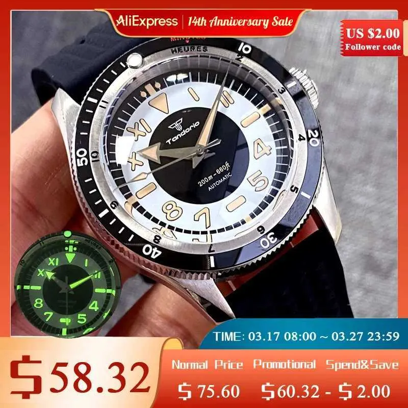 Outros relógios Tandorio Vintage 20ATM Dive Swim Relógios Domed Sapphire Preto Branco NH35 PT5000 40mm Homens Mecânicos Automáticos Assista Luminoso Novo J240326