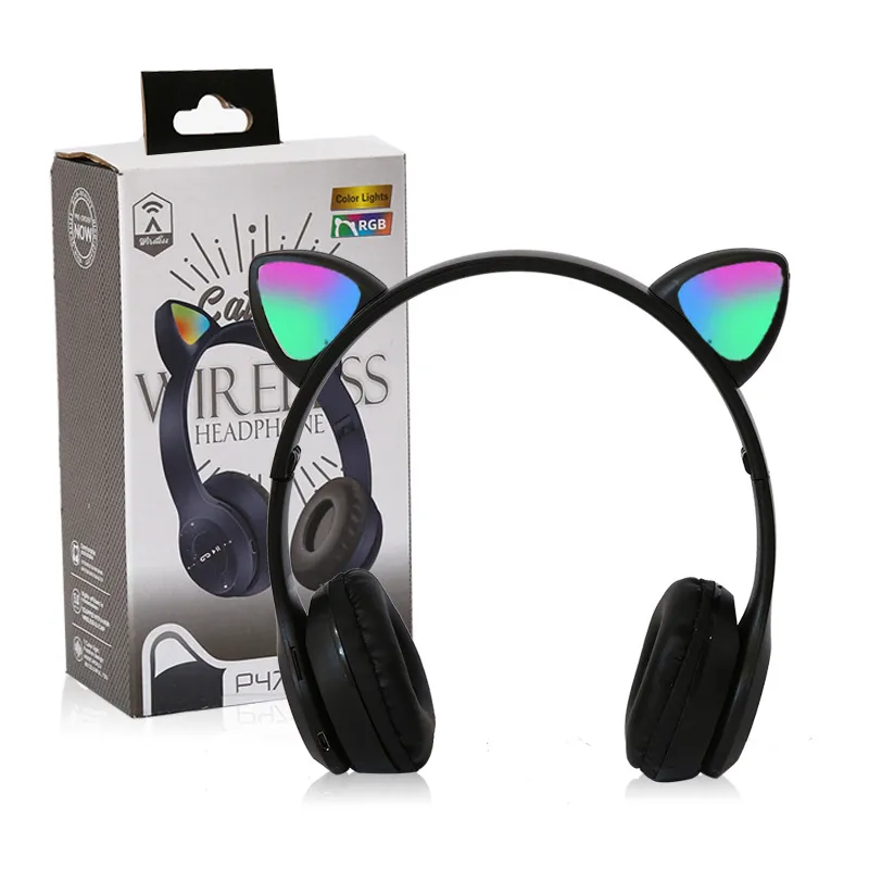 P47M Crianças Sem Fio Dobrável Bonito Gato fone de ouvido Esportes Gaming Headset Com Microfone Luzes LED F0019