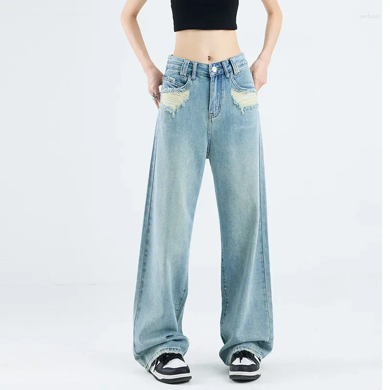 Jeans pour femmes WCFCX STUDIO Harajuku déchiré pour femmes bleu mode coréenne Baggy pantalon en denim confortable maman
