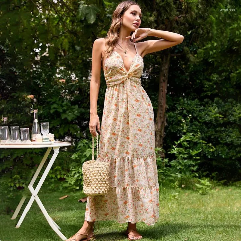 Casual Jurken Ardm Elegante Vrouwen V-hals Bloemenprint Cross Beach Zomer Gestreepte Midi-jurk Sexy Hoge Taille Ruglooze Vakantie A-lijn Party