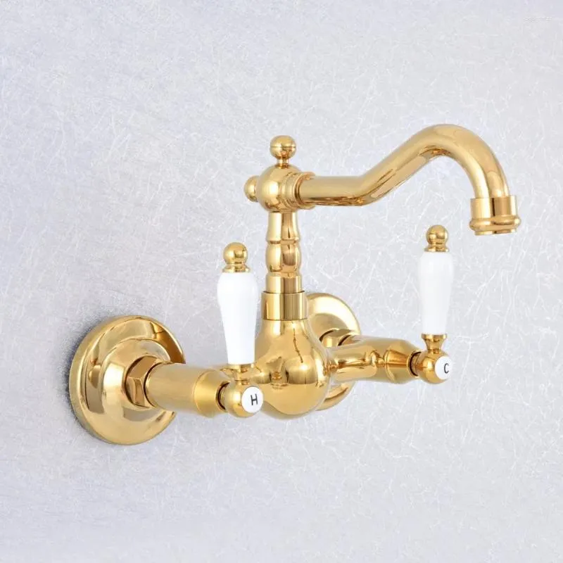 Grifos de lavabo de baño Color dorado Latón 360 Caño giratorio Grifo de lavabo Doble manija Agujero Cocina Mezclador de agua fría Dsf615