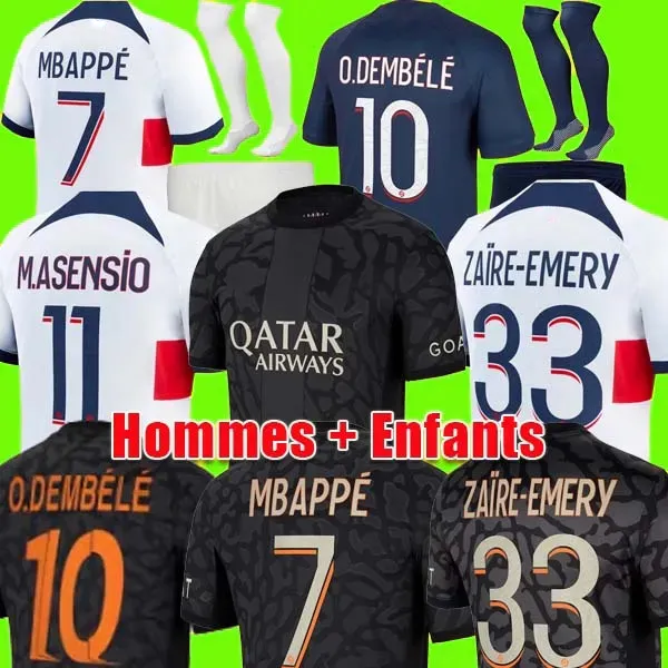 2023 2024 Maillot de Foot Mbappe Soccer Jerseys Kolo Muani O.Dembele Asensio Hakimi Ugarte Camisa de fútbol 24 Hommes Enfants Men Kids Kit Psges Lee Kang en tercer lugar lejos