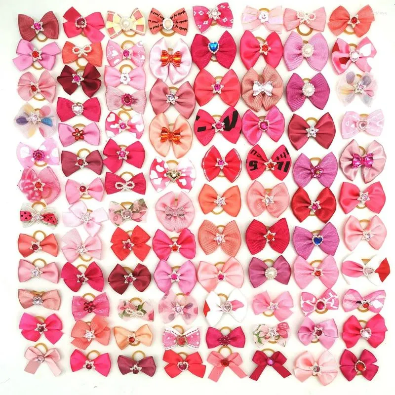 Hundkläder 100st/Lot Pet Hair Bows Valentine's Day Rubber Bands Grooming Pink Rose Red for Girls Accessories