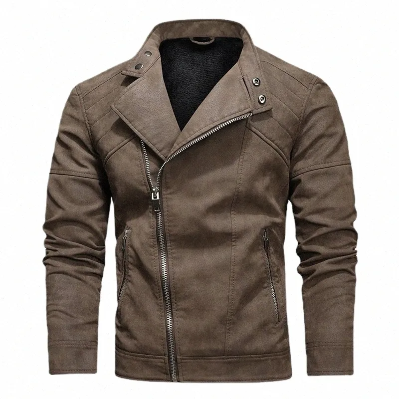 Veste en cuir de moto pour hommes polaire Fi col montant coupe ajustée fermeture éclair tendances manteau automne hiver chaud faux cuir vêtements d'extérieur g5yt #