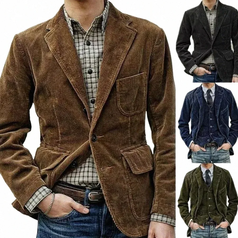 2024 Autumn Winter Men's Coat Jackets Corduroy Casual Suits With Shoulder Pads Fi Lapel LG-Sleeved Solid Jacket Models O9XV#