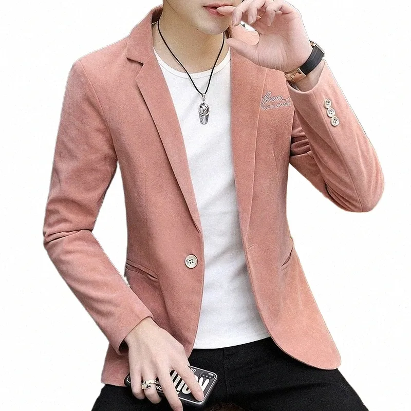 hoo 2023 Men's Pink Embroidered Handsome Slim-Fitting Suit Youth Spring Casual blazer 24Od#