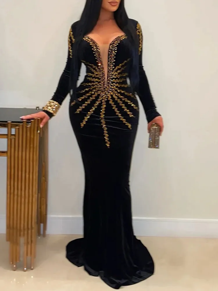 Élégant diamants velours longue Robe de soirée pour les femmes Sexy V profond Robe de soirée formelle noir mince Robe 240327