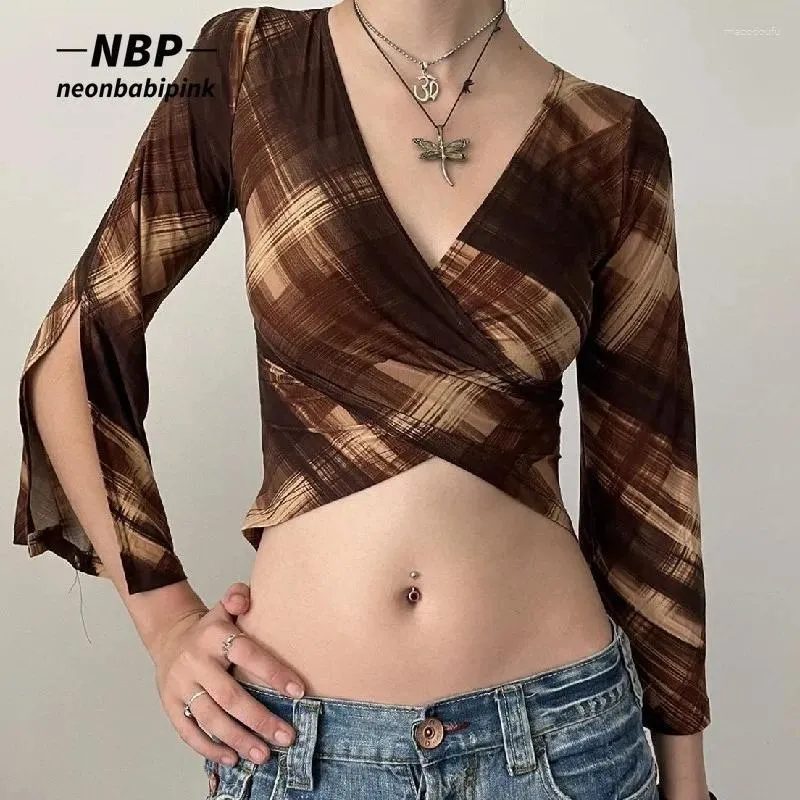 T-shirts femme NEONBABIPINK marron imprimé à carreaux Y2k vêtements Vintage pour femmes col en V culture hauts 2000s esthétique N33-BE13