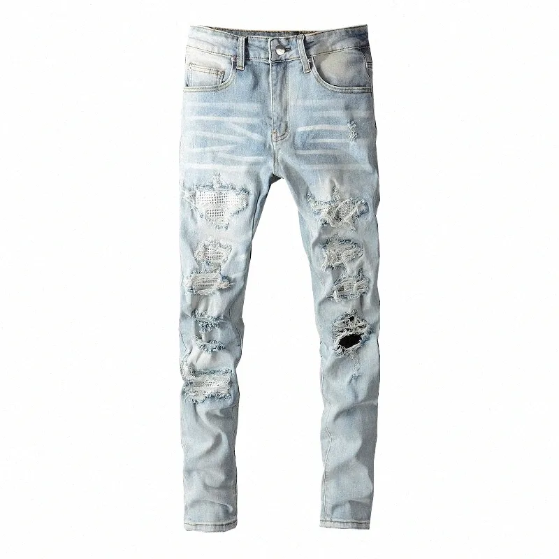 Мужские рваные лоскутные джинсы с кристаллами и отверстиями, уличная одежда, светло-голубые джинсовые узкие узкие брюки-карандаш, брюки 86 шт. #
