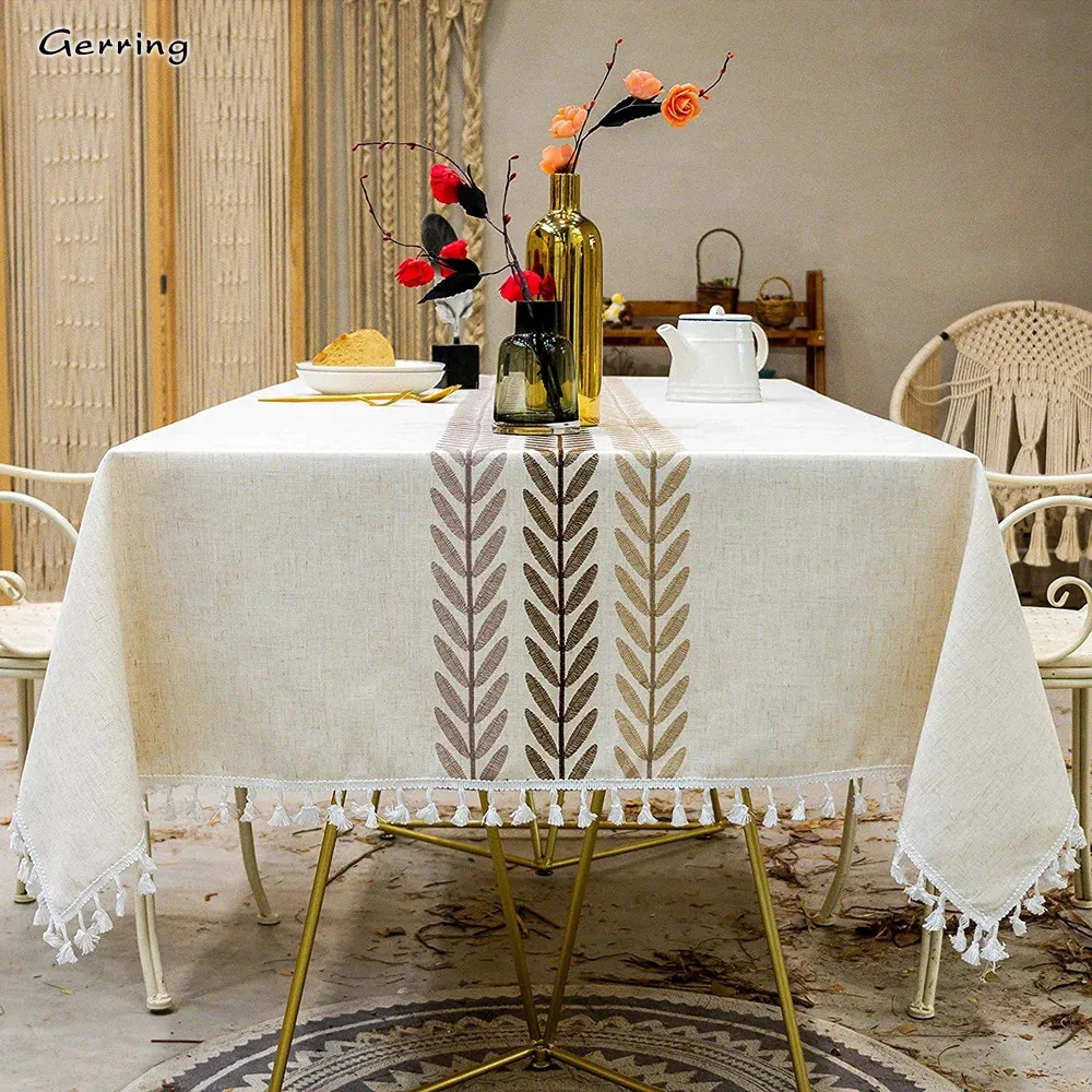 Gerring Nordic Tassel Cloth Table haftowane liście amerykańskie obrusy na wydarzenia prostokątny żakardowy stolik kawowy 240312