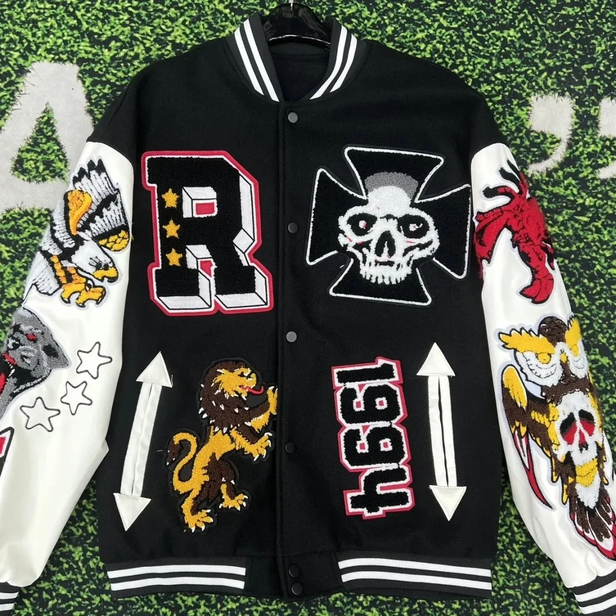 Unisex Oversized Mens Wool Baseball Jacket With Graffiti Skelet Embroidery And Patchwork Design Perfect For Spring And Casual Wear V0Cr X240827 From Kanyesmensclothes 27.39 DHgate.Com