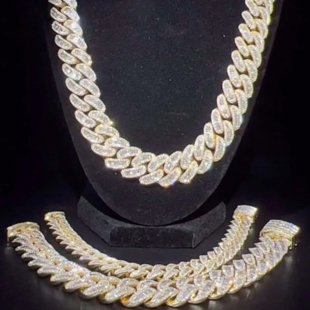 Sparkling Hiphop Iced Out VVS Baguette 18/20/25Mm Custom Necklace Sterling Sier Gold Plated Cuban Link Chain
