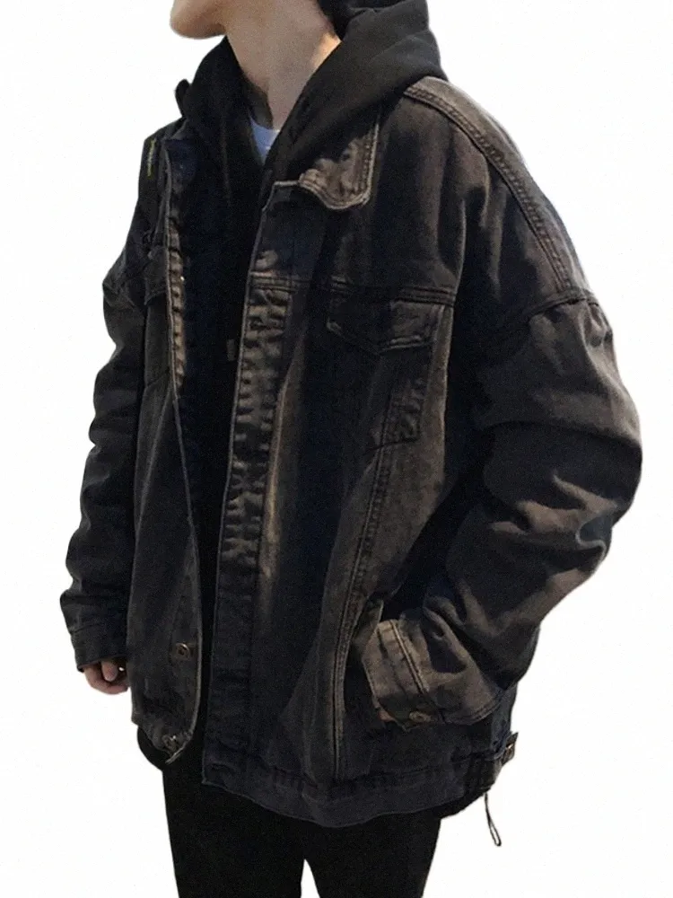 gmiixder Black Denim Jacket Men's Autumn Handsome High Street Retro Big Pocket Tooling Coat Hg Kg Estilo Oversize Jeans Top X1iI #