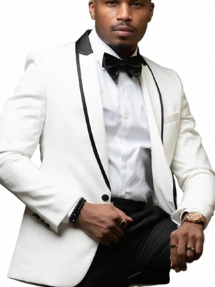 Mens White Blazer Suit Slim Fit, Black Pants, Sheer Lapel