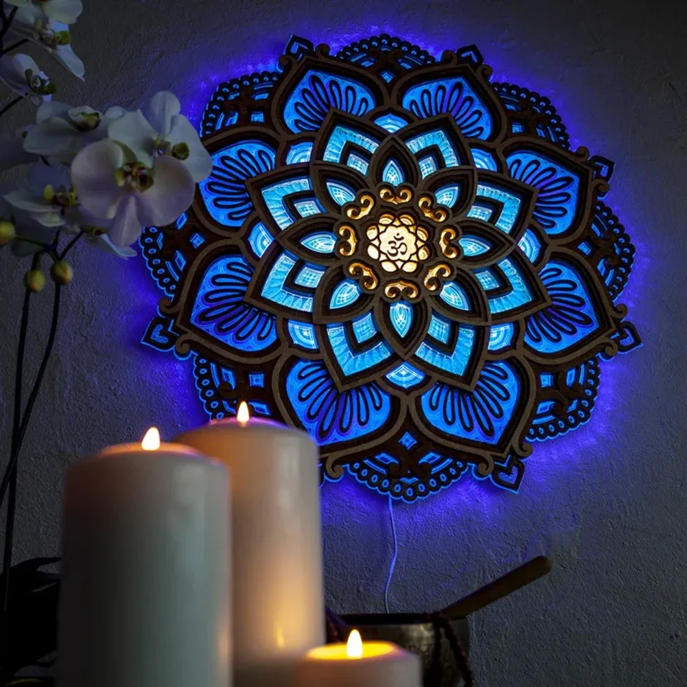 Skulpturer prydnad vägg hängande atmosfär mandala lotus 3d heminredning yoga rum led lamp natt ljus platt sovrum USB färg byte