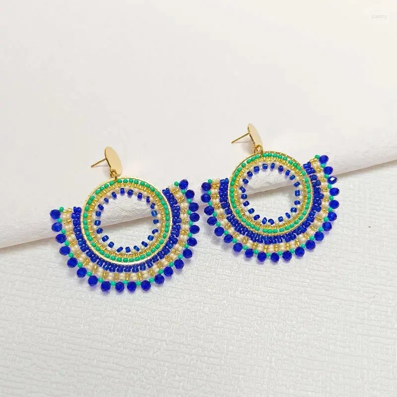 Dangle Earrings Rice Bead Sector Fashion Simple Crystal Blue Circle Hand Knitting Bohemia Individuality Beaded