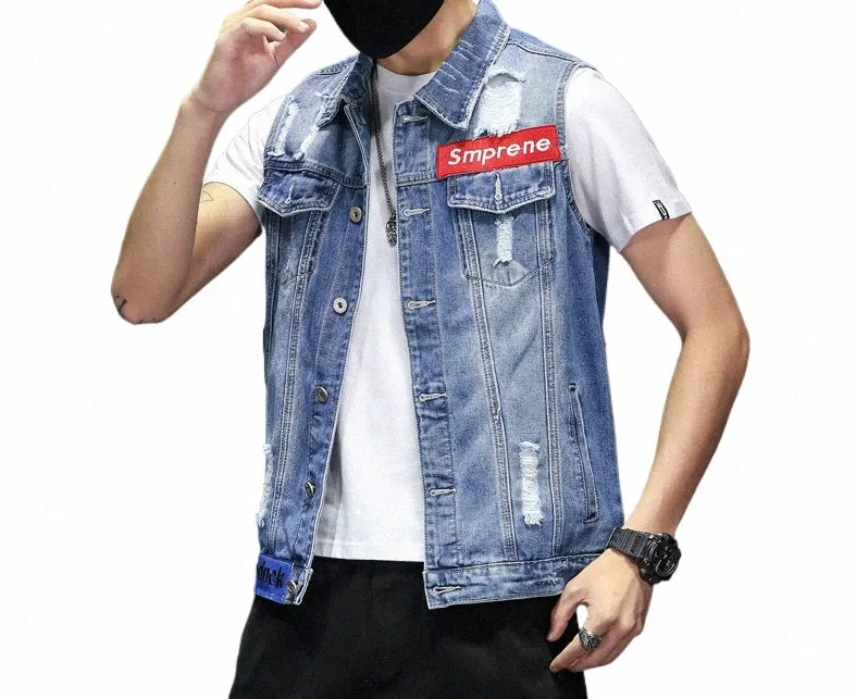 Männer Denim Jacke Marke Hip Hop Streetwear Punk Ripped Stickerei Cowboy Outwear Hohe Qualität Casual Loch Männliche Denim Weste Mäntel w5Yn #