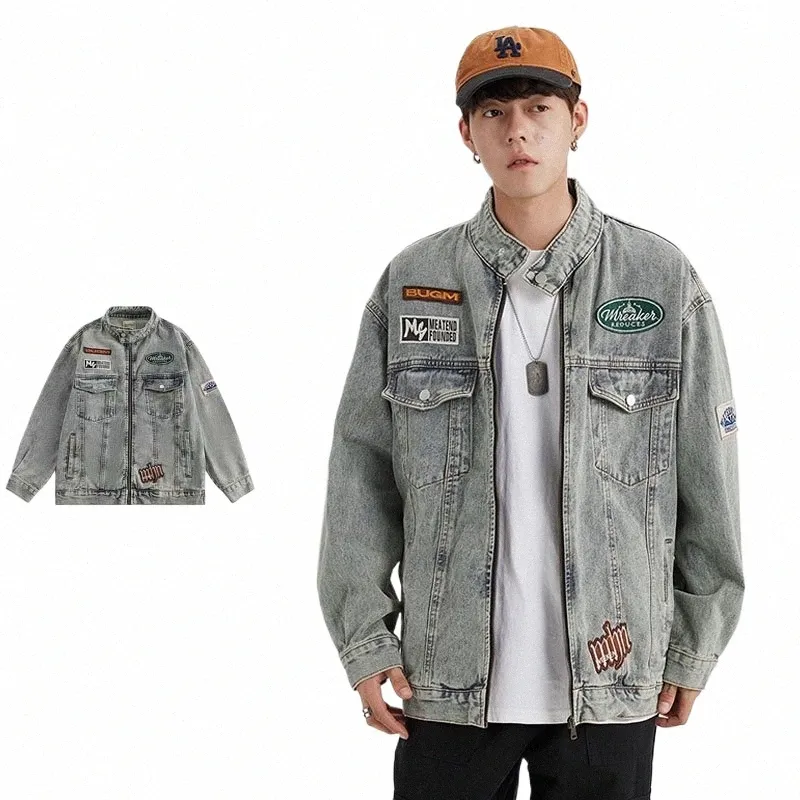 Vintage Wed Denim Jacket Homens Hip Hop Carta Bordado Solto Cowboy Casacos Mulher Oversized Primavera Outono Japonês Outwear 2023 f7Ge #