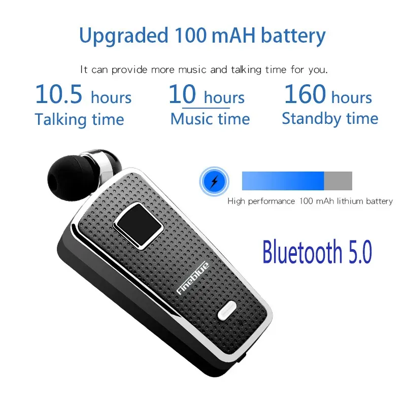 Écouteur FineBlue F970 Pro Bluetooth 5.0 VIBRATION D'APPEL 10 heures Temps de travail Bluetooth Earpiece Écouteur sans fil Bluetooth Clip Bluetooth