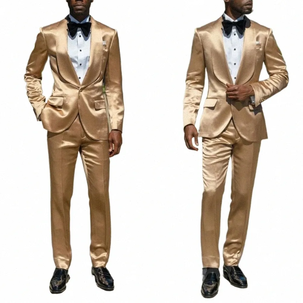 Or Satin Brillant Hommes Costume Sur Mesure 2 Pièces Blazer Pantalon Tuxedo Un Butt Busin Travail Fi Mariage Marié Bal Sur Mesure h3HB #