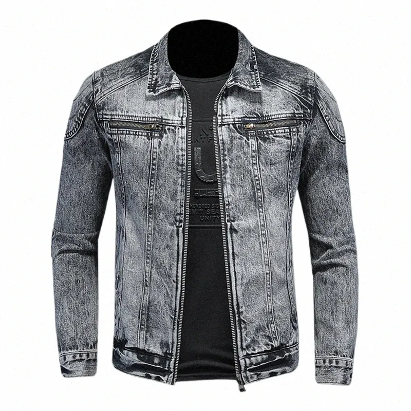 Hoge kwaliteit heren fi knap met stijlvolle casual boetiek motorfiets sneeuwvlok periode zip-up revers denim jas m-4xl n5ua #