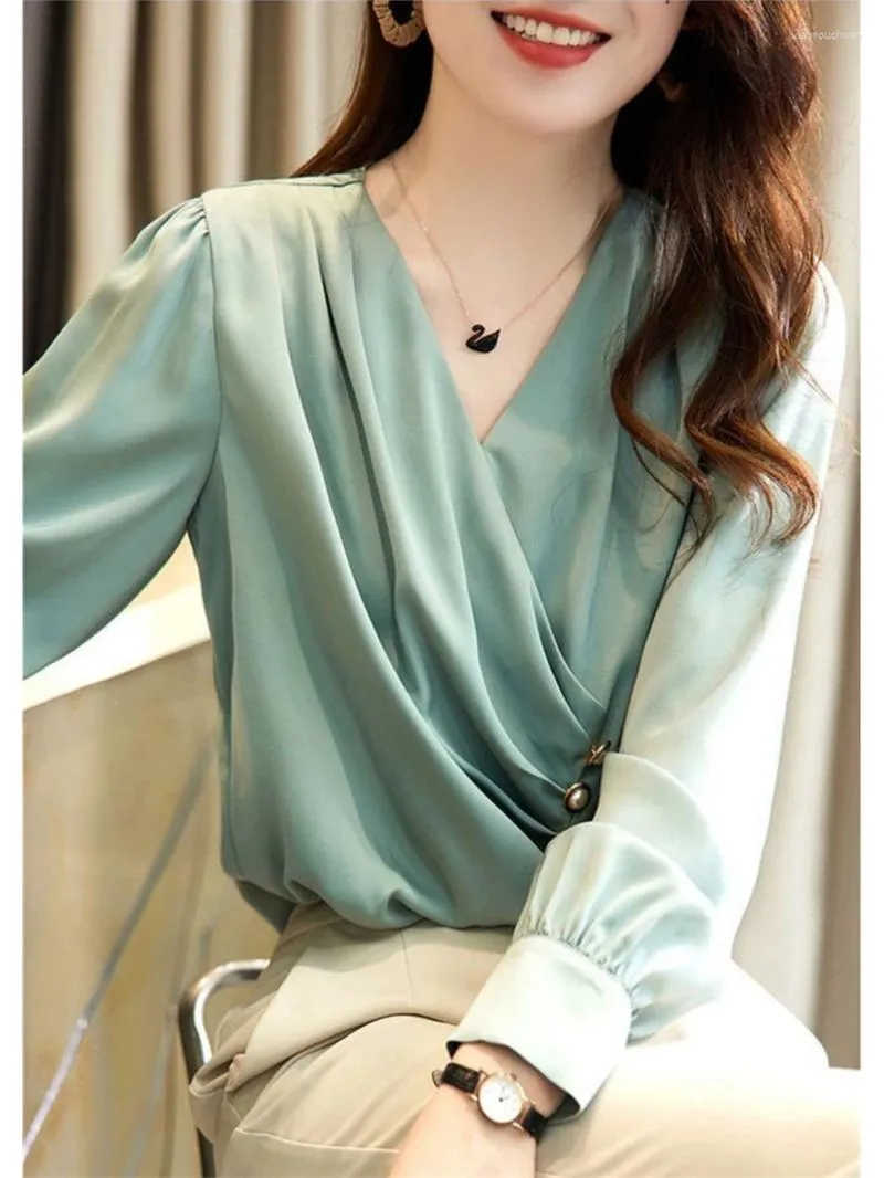Women s Long Sleeve Satin Blouse V Neck Silk Smooth Blouse Shirt White Satin Blusas Mujer De Moda Spring