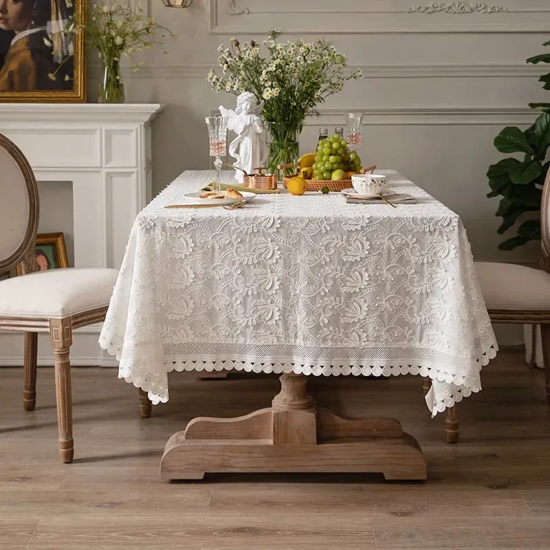 Luxury Lace Tablecloth Party Table Cloth American White Embroider Decoration for Living Room Bedroom Cover 240312