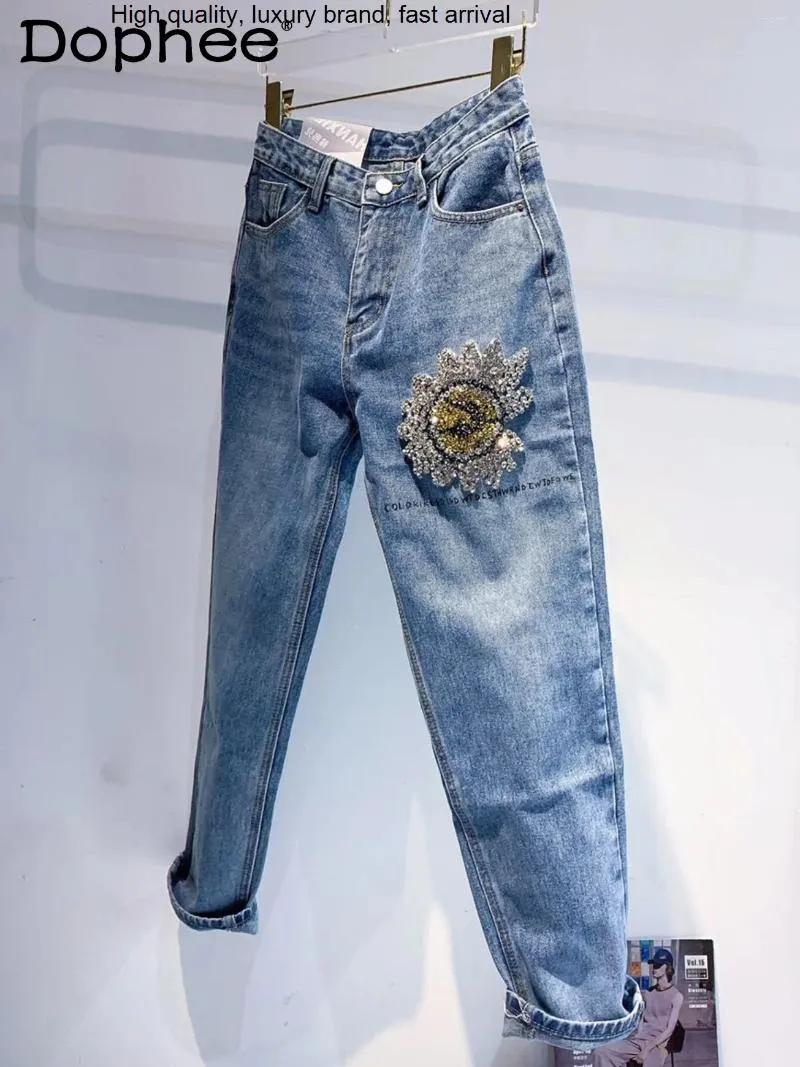 Industria dei jeans da donna strass pesante chiodo fatto a mano fiore per le donne 2024 pantaloni estivi allentati casual in denim femminile Pantalones Mujer