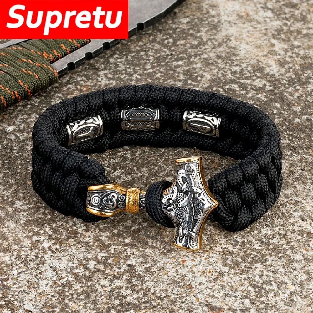 Norse Runes Viking Thors Hammer Survival Bracelets Men Stainless Steel Outdoor Camping Wristband Handmade Braided Charm Jewelry 240325