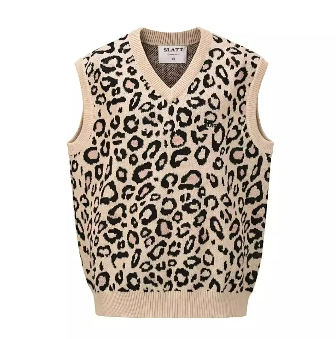 Herrtröjor v-ringning leopard stickkläder män kvinnor tröja ärmlös vår vintage unisex kläder beige