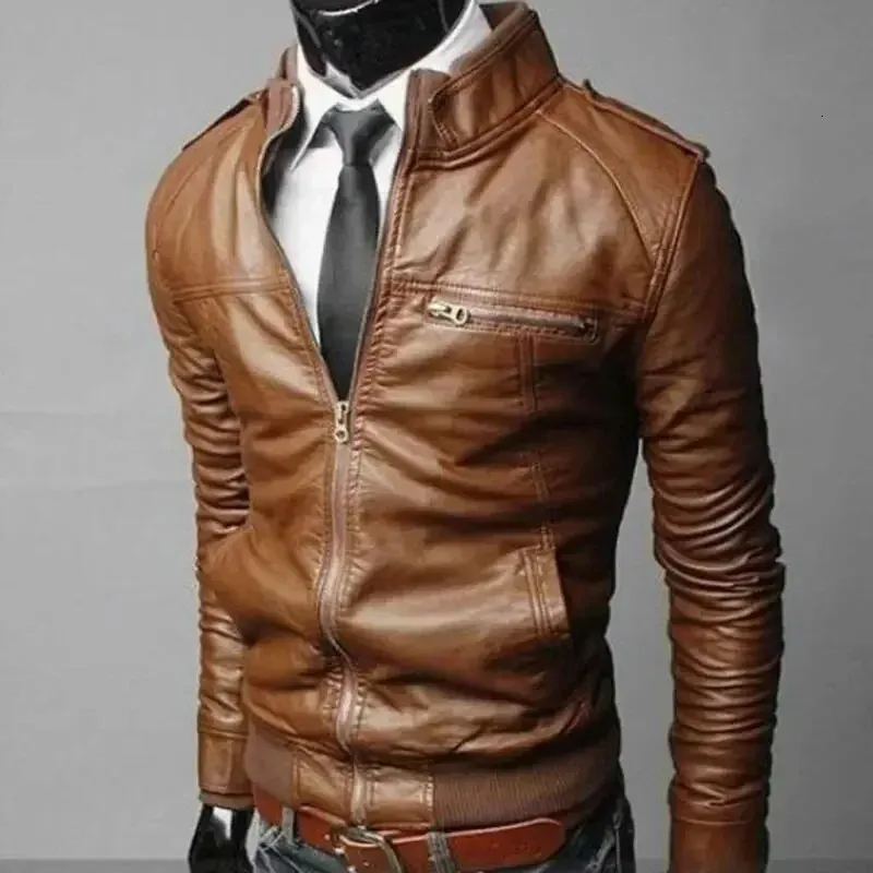 Bomber Coat Outwear Cool Motorcycle Fashion Winter Men Jacket Autumn Slim Fit Mens Leather Streetwear Collar s 240320