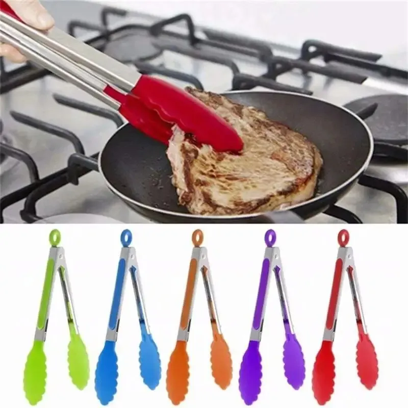 NIEUW 2024 Roestvrij staal Siliconen Keukentang BBQ Clip Salade Brood Kook voedsel Serveer Tang Keuken Gereedschap Hoogwantheid Voedsel Clip For Silicone Kitchen Clip