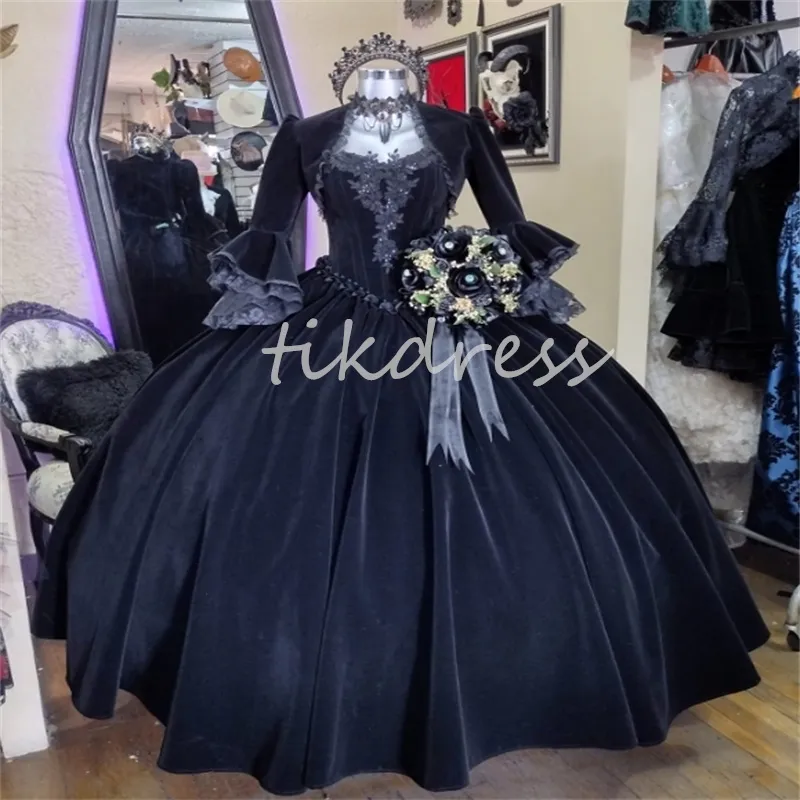 Historische schwarze Königin-Abschlussballkleider mit Jacken, 18. Jahrhundert, Europa, Marie-Antoinette-Kostüm, viktorianisches mittelalterliches Abendkleid, Samtspitze, Vestido de Novia 2024