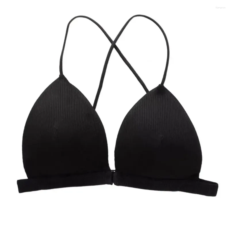 Sutiãs triângulo copo sutiã elegante com nervuras sem fio com fecho de fivela frontal cross back cintas mulheres cor sólida para conforto