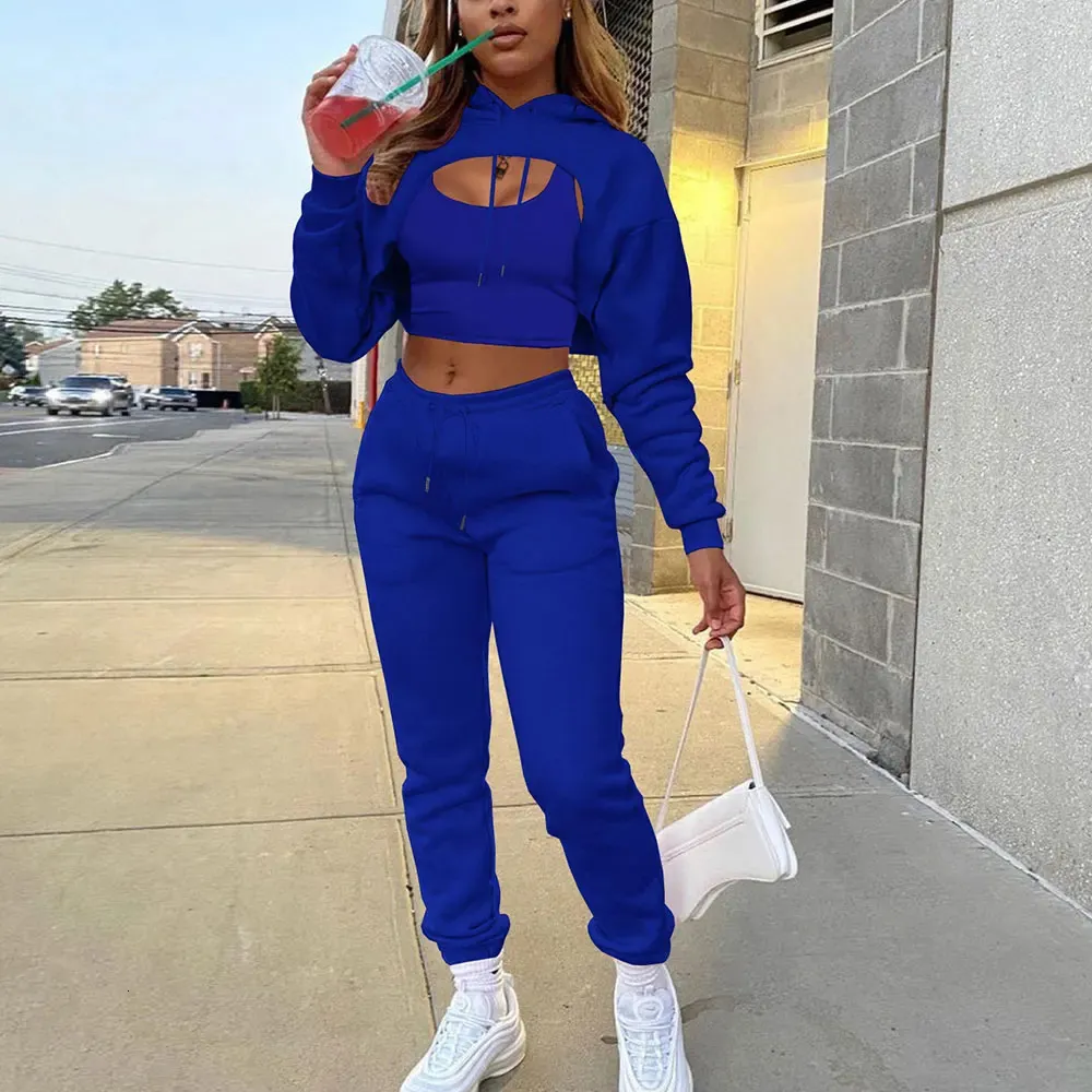 Kvinnor 3 stycken uppsättningar Sweatpants och hoodie set Croped Tops Fleece Pants Suit Tracksuit Fitness Sport Jogger Outfit Clothing 240326