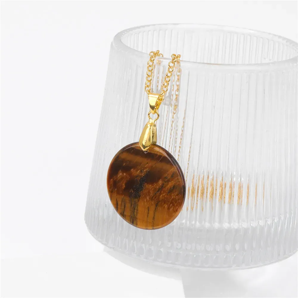 Round Slice Stone Necklace for Women Natural Tiger Eye Stone Lapis Lazuli Pendent Gold Choker Chain Necklace Men Jewelry Party Gift