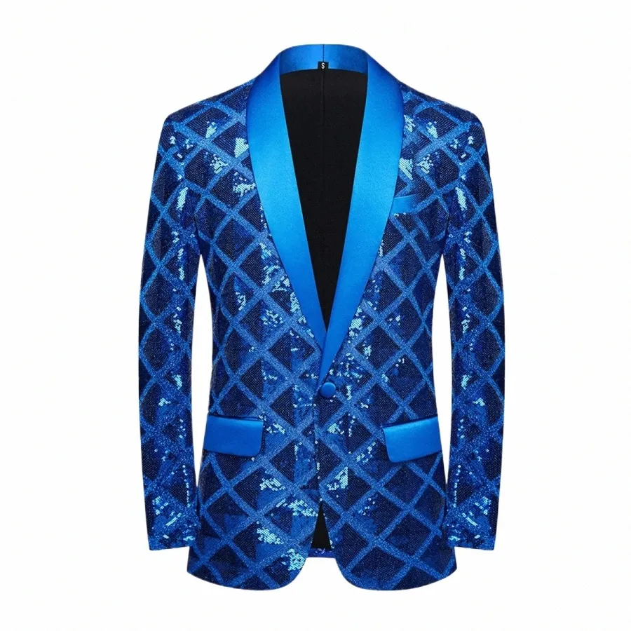 mens Shiny Blue Sequins Suit Jacket Blazer Slim Fit One Butt Shawl Lapel Tuxedo Blazer Men Party Club Suits Blazers Masculino N20H#