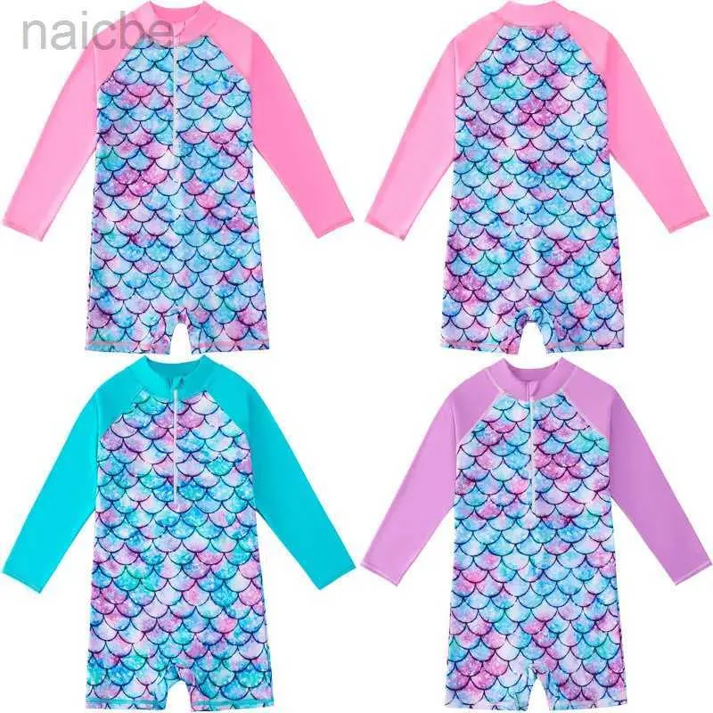 Maillots de bain une pièce pour enfants 2023 été filles manches longues sirène poisson écaille maillot de bain une pièce 4-12 ans enfants costumes de Surf résistant au soleil 24327