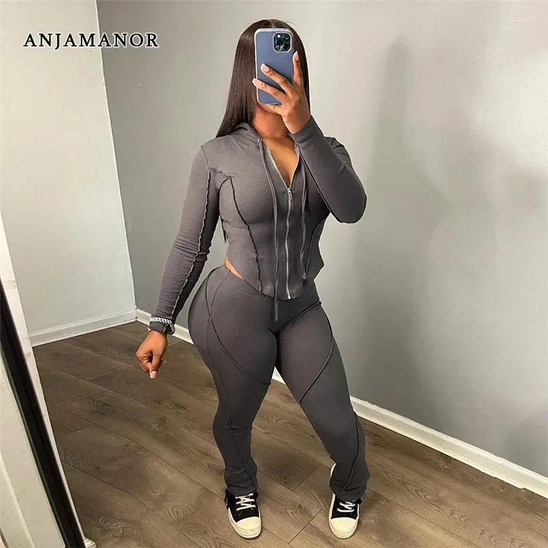 Kvinnors tvådelade byxor Anjamanor Baddie 2 Set Outfits Fall Winter Clothes Zip Up Hoodies and Sweat Suits For Women Tracksuit D96-EC51