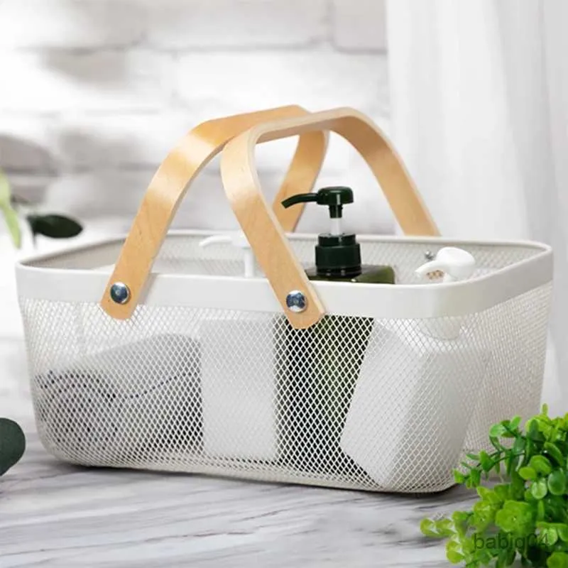 Storage Baskets Nordic Metal Mesh Fruit Basket Bin with Double Wooden Handle Multi-functional Wrought Iron Wire Rectangle Drop shipping