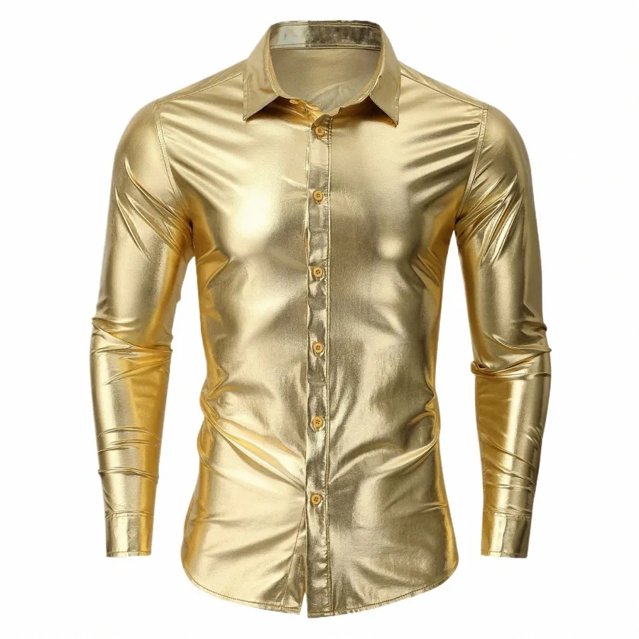 Luxe Métallique Or Brillant Hommes Dr Chemises Rétro 70's Disco Discothèque Prom Vêtements Tendance Banquet Mariage Chemise Homme P47l #