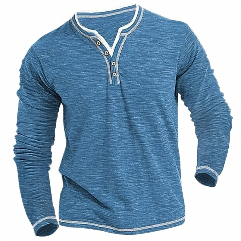 Men's Plain Henley Shirt Round Neck T-shirt Summer Bekväm Cott Fi LG Sleeve Casual Street Wear Sports Top Basic K31x#