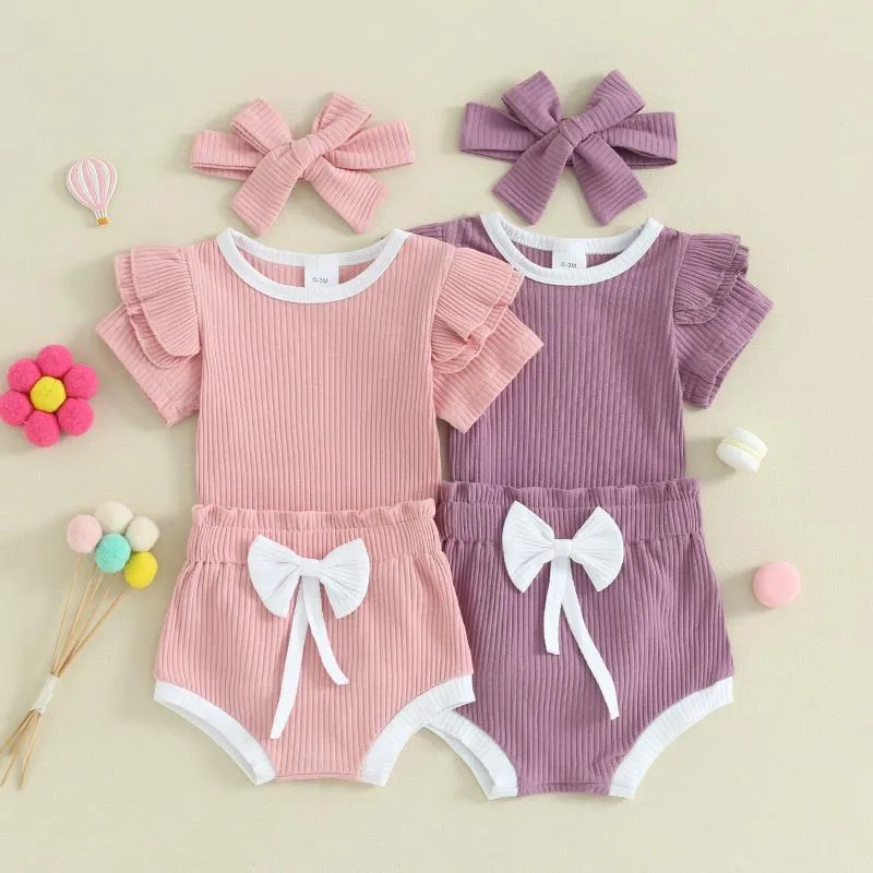Ensembles de vêtements d'été pour bébés filles, tenues de couleurs contrastées, barboteuse à manches courtes et Shorts, vêtements mignons avec bandeau