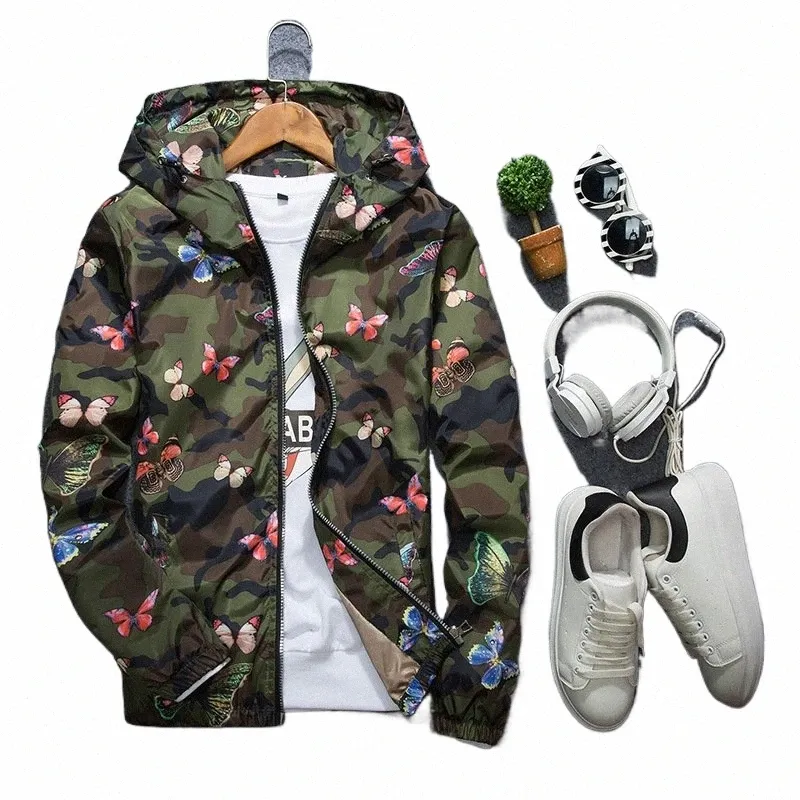 mens Casual Camoue Hoodie Jacket 2020 New Autumn Butterfly Print Clothes Men's Hooded Windbreaker Coat Male Outwea t81k#