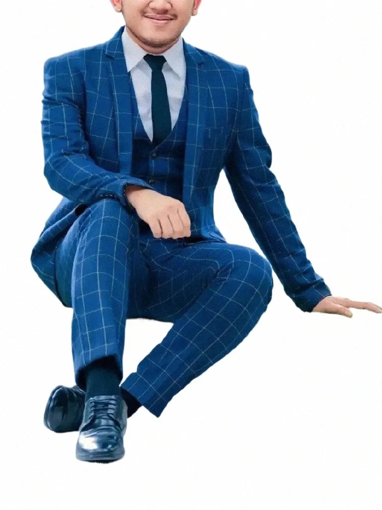 blu uomo abiti su misura 3 pezzi blazer gilet pantaloni monopetto scozzese smoking fi busin matrimonio plus size su misura q0XT #