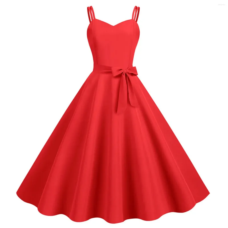 Casual Dresses 2024 Summer Rockabilly for Women Vintage Robe Pin Up Swing a Line Dress Solid Color Elegant Cocktail Party