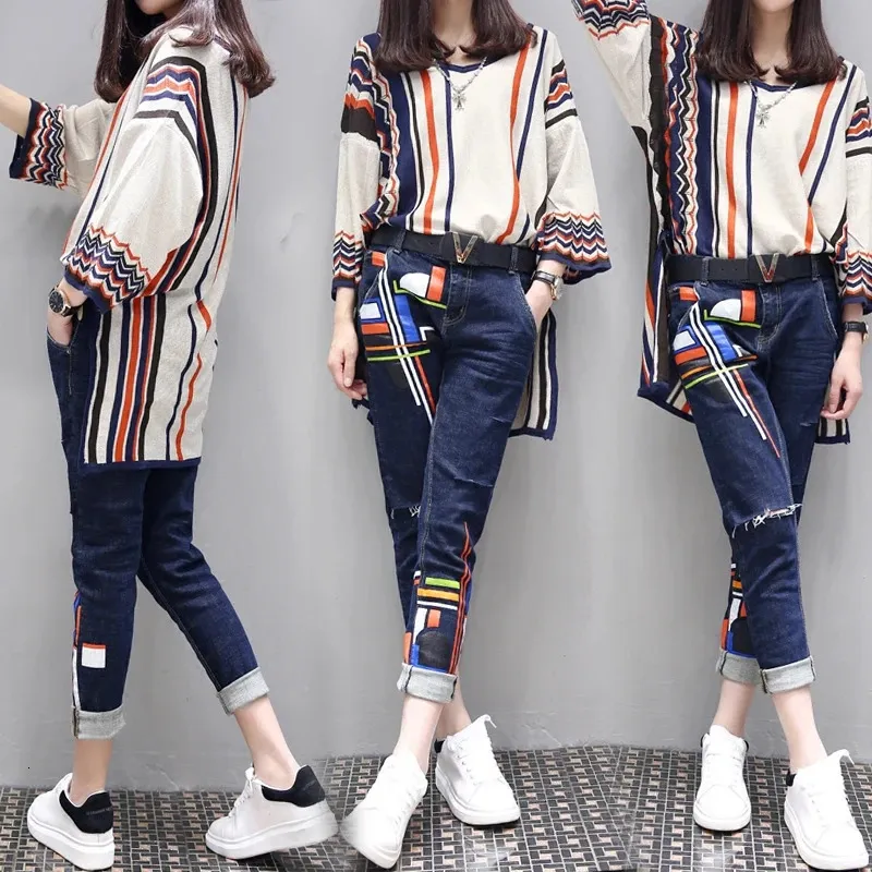 S6XL Frauen Frühling Große Größe Zweiteilige 2023 Mode Lose Hohe Taille Druck Set Weibliche Highend Hemd Jeans 240228