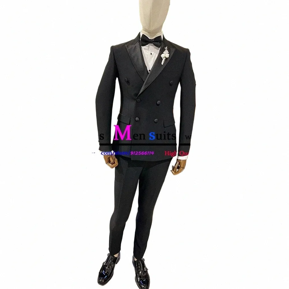Fi Double boutonnage hommes costumes décontracté Busin costume masculin Slim Fit marié mariage smoking 2 pièces Blazer pantalon noir costume pour hommes B1z8 #